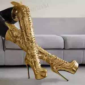 Women Over Knee Boots Side Zip Up Thin High Heels Boots Platform Party Shoes Wom - Picture 1 of 16