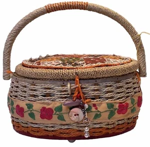 Oval Wicker Sewing Basket Notions Keepsake Kit Vintage Granny Chic Floral Red - Picture 1 of 24