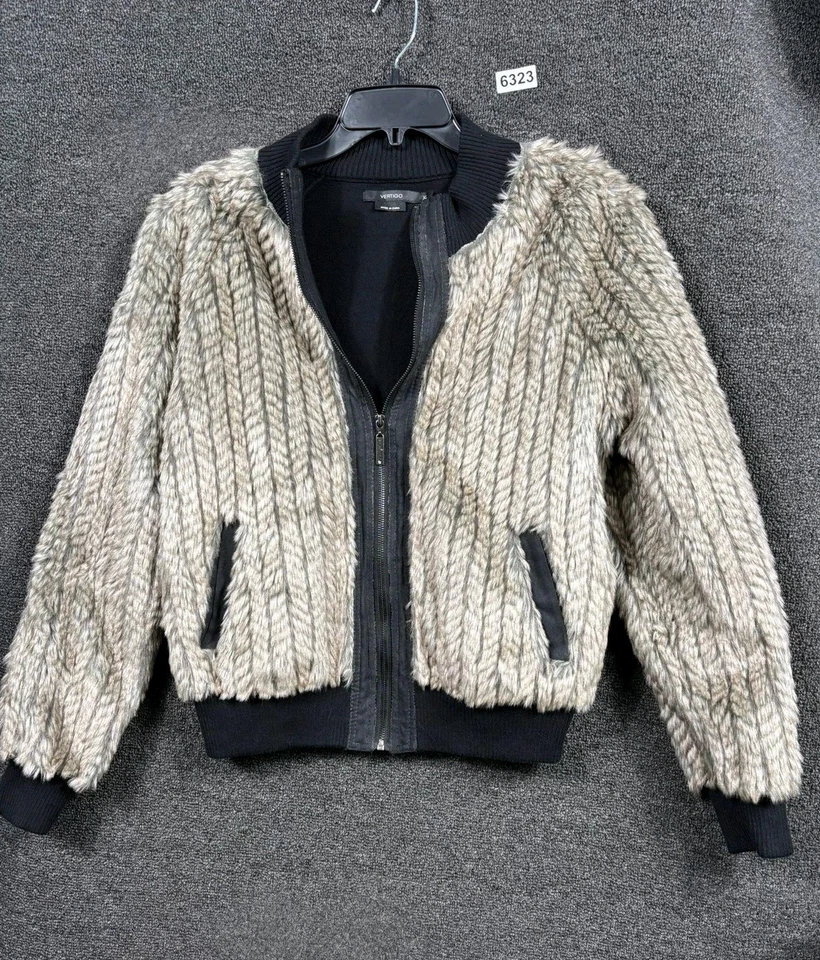 Vertigo Jacket Womens XL Gray Faux Fur Bomber Zip Front Rib Knit Coat - Image 1 of 4