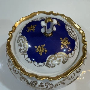 REICHENBACH GERMANY ECHT COBALT BLUE/WHITE /GOLD FLORAL BOWL WITH LID - Picture 1 of 10