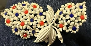 White Enamel Floral Pin Brooch Orange And Blue Accented Flowers - Picture 1 of 2