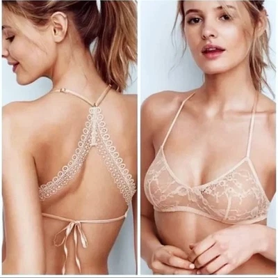 Victorias Secret Very Sexy Sheer Lace Mesh Unlined Bralette Bra Beige Size SMALL - Image 1 of 4