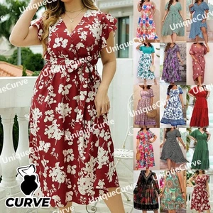 Plus Size Curvy Women Floral Dress Summer Holiday Beach Party Swing Sundress - Picture 1 of 117