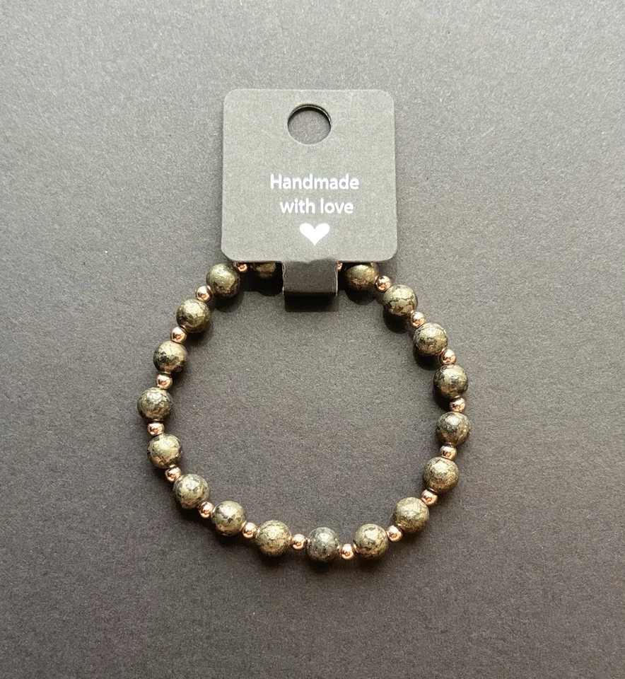 HANDGEMACHT Armband Pyrit Perlen 19cm Umfang 14K Rosé Gold Legierung NEU - Bild 1 von 1