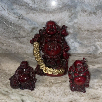 Vintage Lot Of 3 Chinese Laughing Buddha Figurines Red Resin Feng Shui Wealth - Image 1 of 4