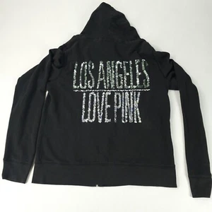Victoria Secrets PINK Hoodie Jacket Womens Medium Black Sequin Los Angeles - Picture 1 of 8