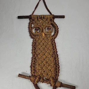 Vintage Macrame Owl Wall Hanging Retro Jute Boho Decor with Wood Bead Eyes MC - Picture 1 of 7