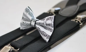 White Sheet Music Notes Bow tie + Black  Suspenders for Men / Youth / Boy / Baby - Picture 1 of 8