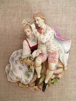 Antique German Dresden Porcelain Couple Figurine Wall Decor Plaque Hanging 9 x 9