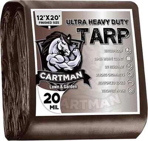CARTMAN Finished Size 12X20 Feet Extra Thick 20 Mil Brown Poly Tarp - Picture 1 of 7