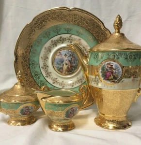 (4 Piece) Victoria Czechoslovakia Gold Encrusted Handpainted 'Portrait' TEA SET - Picture 1 of 12