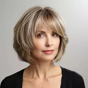 Aisaide Short Highlight Blonde Bob Straight Layered Wig with Bangs for White ... - Picture 1 of 6