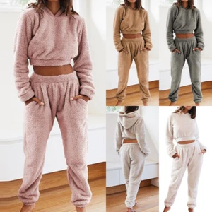 Womens Hooded Fleece Fur Tops Pants Pyjamas Teddy Bear Set Nightwear Loungewear - Picture 1 of 16