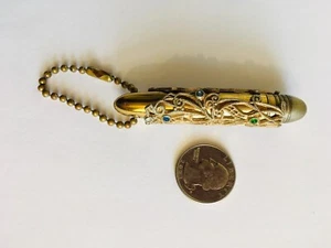 VINTAGE LADIES BRASS AND RHINESTONE FILIGREE MECHANICAL PENCIL PENDANT HOLDER - Picture 1 of 4