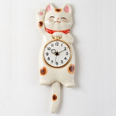 Japanese White Lucky Cat Manekineko Pendulum Wall Clock Pottery Seto - Image 1 of 4