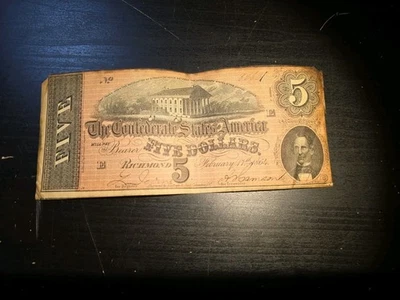 Antique 1864 $5 Confederate Bank Note E Series #82631 Richmond, VA Uncertified - Image 1 of 4