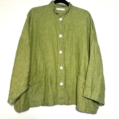 Brynn Walker Green 100% Linen Lagenlook Danuta Button Up Jacket/top, size Medium - Image 1 of 4