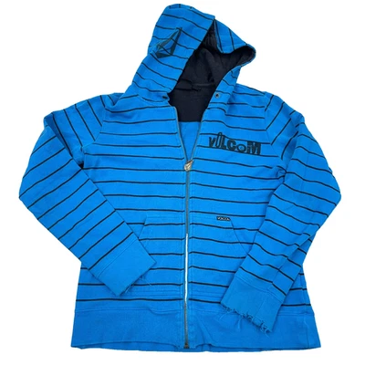 Vintage Y2K Volcom Hoodie Women Medium Blue Full Zip Jacket Skate Grunge Striped - Image 1 of 4
