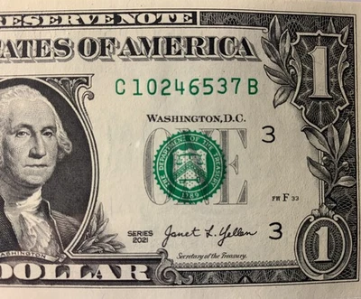 $1 One Dollar Bill, Scattered Ladder with Serial Number C10246537B Uncirculated - Image 1 of 3