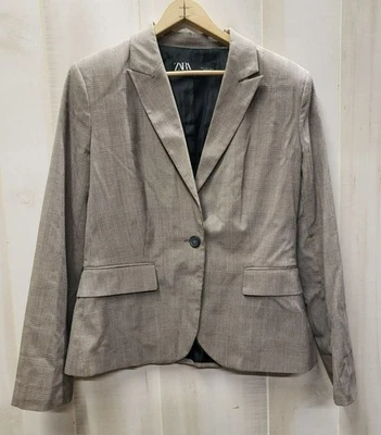 Blazer Zara a Cuadros Ajustado Mujer Talla 8, Marrón a Cuadros, Botón Único, Cuello Muesca Foto 1 de 4