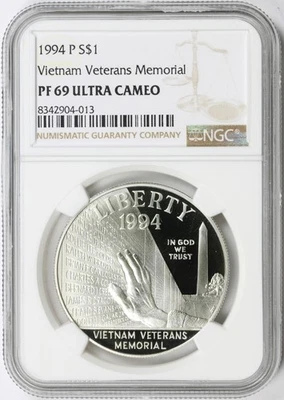 1994-P $1 Vietnam Veterans Memorial Silver Dollar NGC PF69 Ultra Cameo - Image 1 of 4