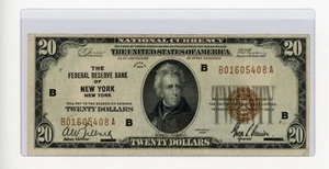 1929 $20 FEDERAL RESERVE BANK OF NEW YORK, NY BROWN SEAL XF/AU - Picture 1 of 2