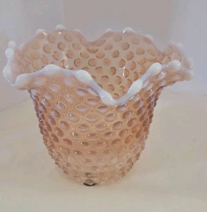 Vintage Duncan Miller Art Glass Pink Peach Opalescent Hobnail Ruffled Vase  - Picture 1 of 17
