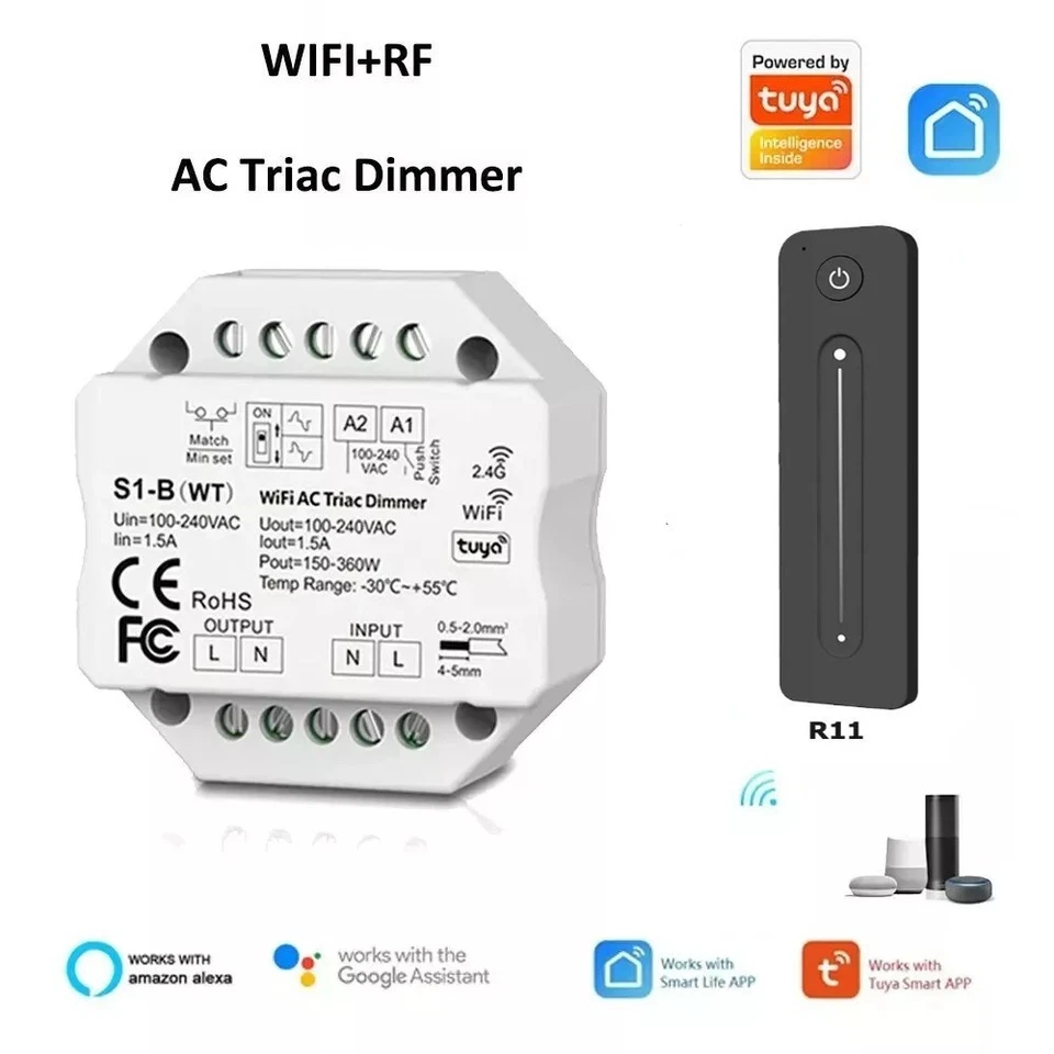 220V TUYA WiFi AC Triac Dimmer LED Lamp Switch Module Wireless RF Remote Control - Image 1 of 1