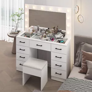 FCH Vanity Table Set9 Drawers Dresser Cabinet with LED Mirror and Power Outlets - Picture 1 of 32