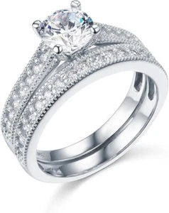 Juego de anillos de compromiso redondos de diamantes simulados de 2,50 quilates de oro blanco de 14 quilates banda a juego - Imagen 1 de 7