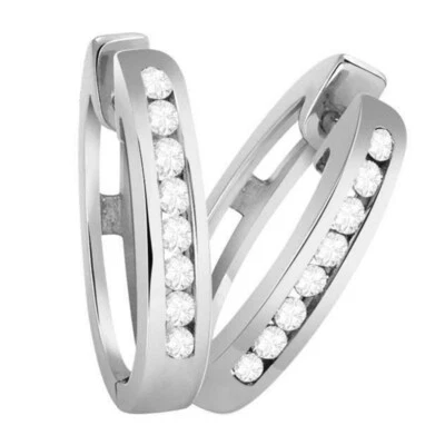 1/5 Ct Round Natural Diamond Huggies Hoop Earrings  14K White Gold Plated Silver - Image 1 of 3