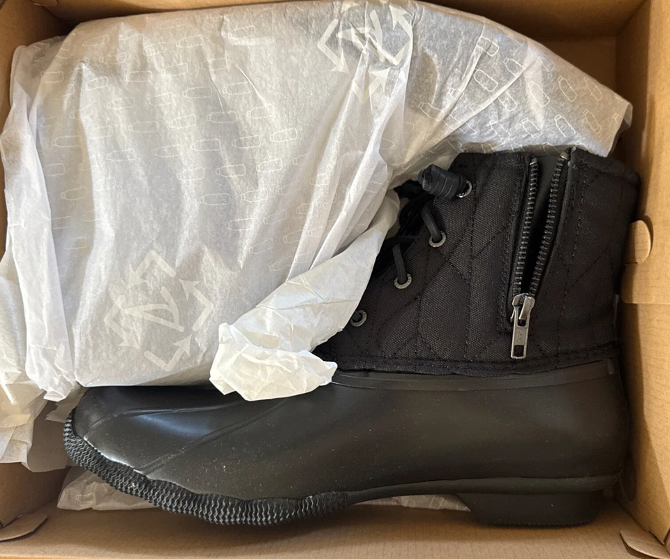 Womens Sperry Top Sider Sz 7 Black Quilted Rubber Saltwater Duck BOOTS G1661803