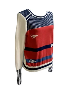 HTF Margaret O'Leary Airplanes Travel Crewneck Sweater Red White Blue $259 Small - Picture 1 of 12