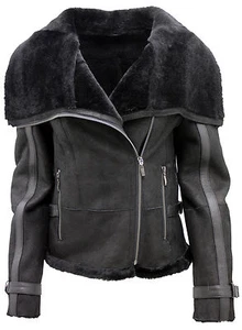 Chaqueta corta de cuero de aviador Merino negra negra para mujer - Imagen 1 de 12