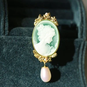 F18 edle Dame Perlenkette Portrait Perlmutt Achat grün Anhänger Silber 925 - Bild 1 von 5