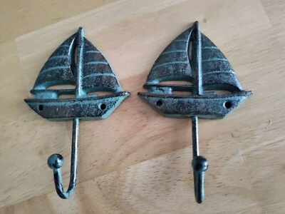Sailboat Hooks set of 2 For Coats, Hat, Scarf Rustic Cast Metal 5.5 Inches - Image 1 of 4