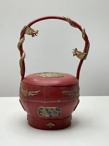 Chinese Brides Wedding Basket Red Lacquer Box Wood w/Handle Antique Gold Dragons - Picture 1 of 13