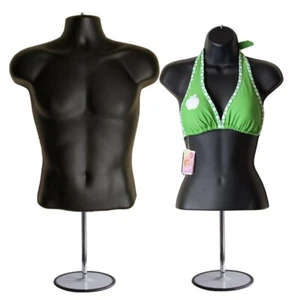 Male & Female Black Mannequin Hollow Back Body Torso Set w/ 2 Stands + 2 Hangers - Picture 1 of 9