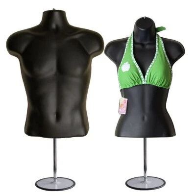 EZ-MANNEQUINS Male & Female Black Mannequin Hollow Back Body Torso Set w/ 2 Stands + 2 Hangers
