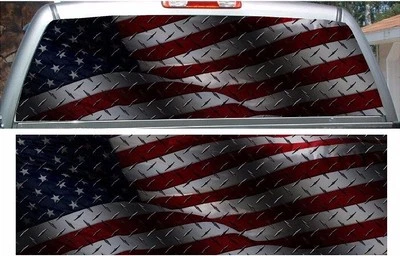 American flag diamond plate dark rear window view thru graphic decal wrap - Image 1 of 2