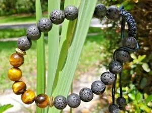 PULSERA DIFUSORA AJUSTABLE TRENZADA PIEDRAS PRECIOSAS OJO DE TIGRE Y ROCA LAVA NEGRA - Imagen 1 de 4