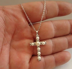 925 STERLING SILVER PEARL CROSS NECKLACE  PENDANT W/ WHITE PEARLS/ 18 INCH - Picture 1 of 8