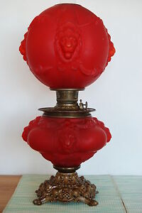 ANTIQUE VICTORIAN GWTW OIL KEROSENE GLASS RED SATIN LION BANQUET WHIMSICAL LAMP 
