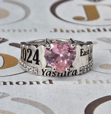 Anillo Personalizado Corazón Rosa Piedras Preciosas Clase Escuela Secundaria Plata 925 Grabado Año Nombre Foto 1 de 4