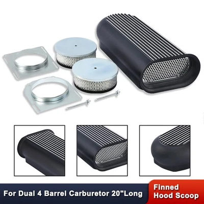 20"Long Dual 4 Barrel Carb Hillborn Finned Hood Scoop Air Cleaner Black Aluminum - Image 1 of 4