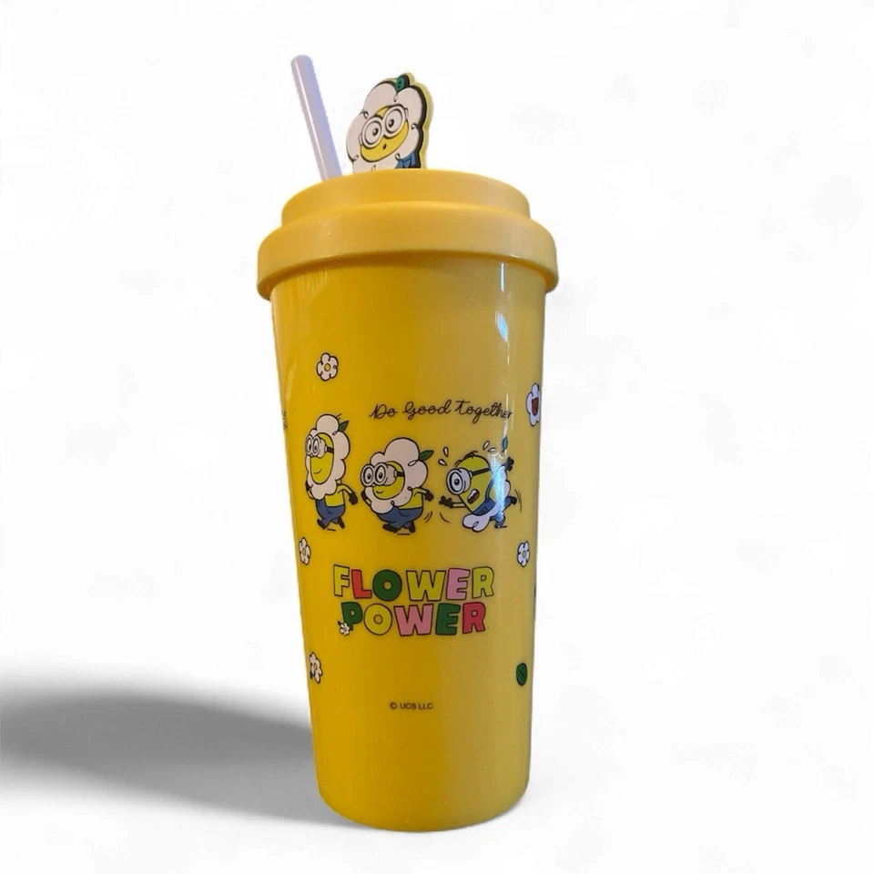 Yellow Plastic Minion Water Bottle- with Straw and Lid- Flower Power Cup - Image 1 of 1
