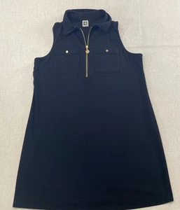Anne Klein Hemdblusenkleid Damen 45 schwarz ärmellos Reißverschluss vorne goldene Knöpfe Taschen - Bild 1 von 8