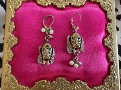 Betsey Johnson Pet Shop Blood Hound Wiener Dog Crystal Bowtie Mismatch Earrings - Image 1 of 2