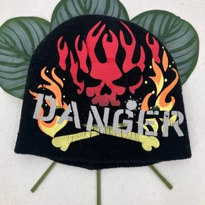 Danger Red Orange Yellow Black Skull Cross Bones Knit Youth One Size Beanie Hat - Picture 1 of 3