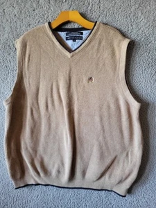 Tommy Hilfiger Sweater Vest Tan Navy Trim Cotton VNeck Casual Rib Knit Mens XL - Picture 1 of 6